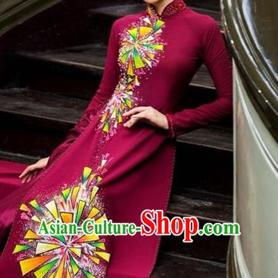 Traditional Top Grade Asian Vietnamese Costumes Classical Hand Painting Wine Red Full Dress, Vietnam National Ao Dai Dress Catwalks Bride Beading Qipao for Women