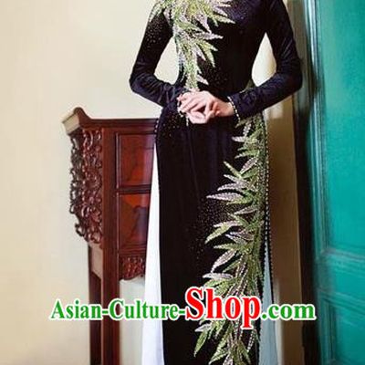 Traditional Top Grade Asian Vietnamese Costumes Classical Black Pleuche Full Dress, Vietnam National Ao Dai Dress Catwalks Bride Beading Qipao for Women