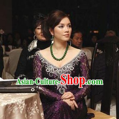 Traditional Top Grade Asian Vietnamese Costumes Classical Purple Full Dress, Vietnam National Ao Dai Dress Catwalks Dowager Beading Qipao for Women