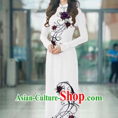 Traditional Top Grade Asian Vietnamese Costumes Classical Silk Printing Full Dress, Vietnam National Ao Dai Dress Catwalks Dowager White Qipao for Women