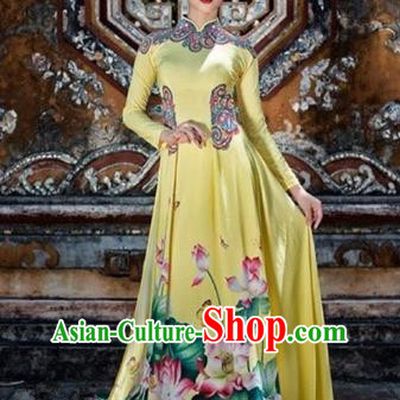 Traditional Top Grade Asian Vietnamese Costumes Classical Hand Painting Lotus Big Swing Full Dress, Vietnam National Ao Dai Dress Catwalks Dowager Yellow Qipao for Women