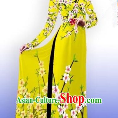 Traditional Top Grade Asian Vietnamese Costumes Classical Printing Peach Blossom Full Dress, Vietnam National Ao Dai Dress Catwalks Princess Yellow Qipao for Women