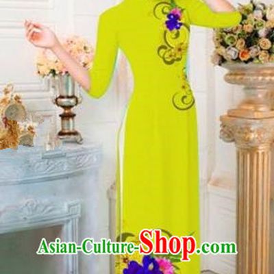 Traditional Top Grade Asian Vietnamese Costumes Classical Printing Flowers Full Dress, Vietnam National Ao Dai Dress Catwalks Princess Kelly Qipao for Women