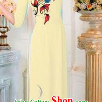 Traditional Top Grade Asian Vietnamese Costumes Classical Printing Flowers Full Dress, Vietnam National Ao Dai Dress Catwalks Princess Light Yellow Qipao for Women
