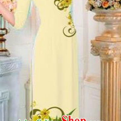 Traditional Top Grade Asian Vietnamese Costumes Classical Printing Flowers Full Dress, Vietnam National Ao Dai Dress Catwalks Princess Light Yellow Qipao for Women