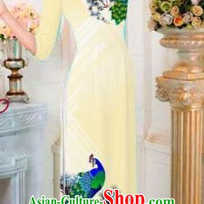 Traditional Top Grade Asian Vietnamese Costumes Classical Printing Peacock Full Dress, Vietnam National Ao Dai Dress Catwalks Princess Light Yellow Qipao for Women