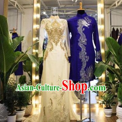Traditional Top Grade Asian Vietnamese Costumes Classical Wedding Full Dress, Vietnam National Ao Dai Dress Catwalks Princess Bride Qipao for Women