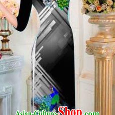 Traditional Top Grade Asian Vietnamese Costumes Classical Printing Peacock Full Dress, Vietnam National Ao Dai Dress Catwalks Princess Black Qipao for Women