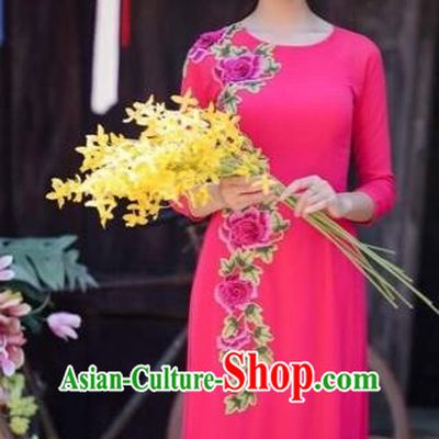 Traditional Top Grade Asian Vietnamese Costumes Classical Printing Flowers Wedding Full Dress, Vietnam National Ao Dai Dress Catwalks Bride Rose Qipao for Women
