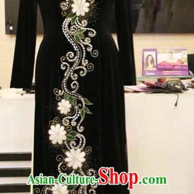 Traditional Top Grade Asian Vietnamese Costumes Classical Beading Wedding Pleuche Full Dress, Vietnam National Ao Dai Dress Catwalks Bride Black Qipao for Women