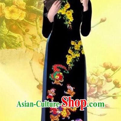 Traditional Top Grade Asian Vietnamese Costumes Classical Printing Flowers Wedding Black Full Dress, Vietnam National Ao Dai Dress Catwalks Bride Qipao for Women