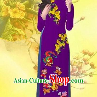 Traditional Top Grade Asian Vietnamese Costumes Classical Printing Flowers Wedding Purple Full Dress, Vietnam National Ao Dai Dress Catwalks Bride Qipao for Women