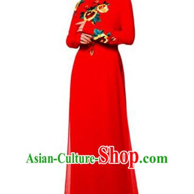 Traditional Top Grade Asian Vietnamese Costumes Classical Printing Wedding Full Dress, Vietnam National Ao Dai Dress Bride Red Stand Collar Qipao for Women