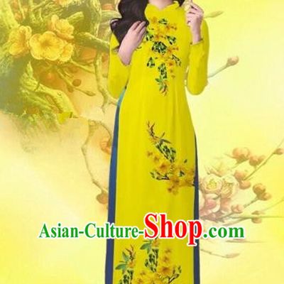 Traditional Top Grade Asian Vietnamese Costumes Classical Printing Flowers Wedding Yellow Full Dress, Vietnam National Ao Dai Dress Catwalks Bride Qipao for Women
