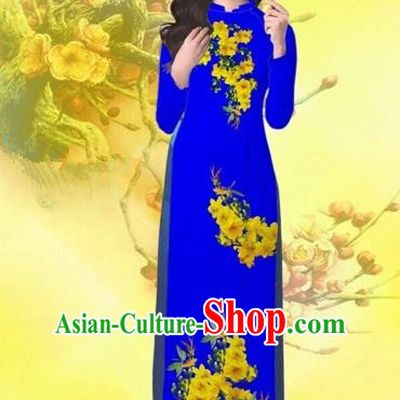 Traditional Top Grade Asian Vietnamese Costumes Classical Printing Flowers Wedding Royalblue Full Dress, Vietnam National Ao Dai Dress Catwalks Bride Qipao for Women