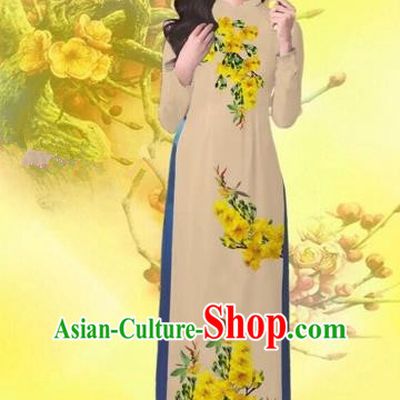 Traditional Top Grade Asian Vietnamese Costumes Classical Printing Flowers Wedding Khaki Full Dress, Vietnam National Ao Dai Dress Catwalks Bride Qipao for Women