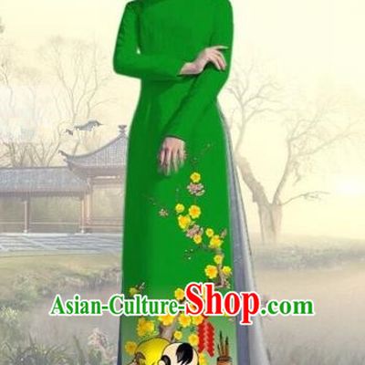 Traditional Top Grade Asian Vietnamese Costumes Classical Printing New Year Full Dress, Vietnam National Ao Dai Dress Catwalks Green Qipao for Women