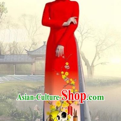 Traditional Top Grade Asian Vietnamese Costumes Classical Printing New Year Full Dress, Vietnam National Ao Dai Dress Catwalks Red Qipao for Women