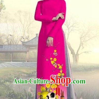 Traditional Top Grade Asian Vietnamese Costumes Classical Printing New Year Full Dress, Vietnam National Ao Dai Dress Catwalks Rosy Qipao for Women
