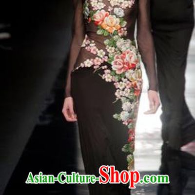 Traditional Top Grade Asian Vietnamese Costumes Classical Hand Embroidery Full Dress, Vietnam National Ao Dai Dress Catwalks Black Qipao for Women