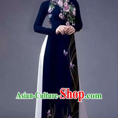 Traditional Top Grade Asian Vietnamese Costumes Classical Printing Flowers Full Dress, Vietnam National Ao Dai Dress Catwalks Navy Qipao for Women
