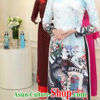 Traditional Top Grade Asian Vietnamese Costumes Classical Printing Full Dress, Vietnam National Ao Dai Dress Catwalks White Qipao for Women
