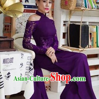 Traditional Top Grade Asian Vietnamese Costumes Classical Full Dress, Vietnam National Ao Dai Dress Catwalks Purple Lace Qipao for Women