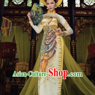Traditional Top Grade Asian Vietnamese Costumes Classical Printing Peacock Full Dress, Vietnam National Ao Dai Dress Catwalks Princess Ginger Qipao for Women