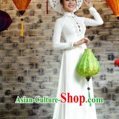 Traditional Top Grade Asian Vietnamese Costumes Classical Embroidery Full Dress, Vietnam National Ao Dai Dress Catwalks Bride White Qipao for Women