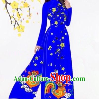 Traditional Top Grade Asian Vietnamese Costumes Classical Printing Royalblue Full Dress, Vietnam National Ao Dai Dress Catwalks Debutante Qipao for Women