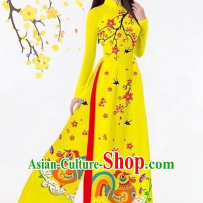 Traditional Top Grade Asian Vietnamese Costumes Classical Printing Yellow Full Dress, Vietnam National Ao Dai Dress Catwalks Debutante Qipao for Women