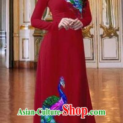 Traditional Top Grade Asian Vietnamese Costumes Classical Printing Peacock Wine Red Full Dress, Vietnam National Ao Dai Dress Catwalks Debutante Qipao for Women