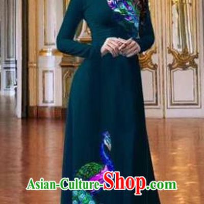 Traditional Top Grade Asian Vietnamese Costumes Classical Printing Peacock Atrovirens Full Dress, Vietnam National Ao Dai Dress Catwalks Debutante Qipao for Women