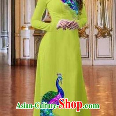 Traditional Top Grade Asian Vietnamese Costumes Classical Printing Peacock Kelly Full Dress, Vietnam National Ao Dai Dress Catwalks Debutante Qipao for Women