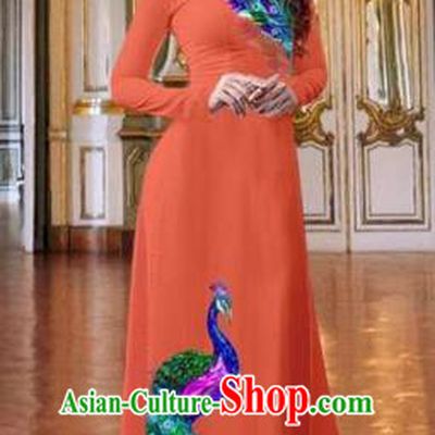 Traditional Top Grade Asian Vietnamese Costumes Classical Printing Peacock Orange Full Dress, Vietnam National Ao Dai Dress Catwalks Debutante Qipao for Women