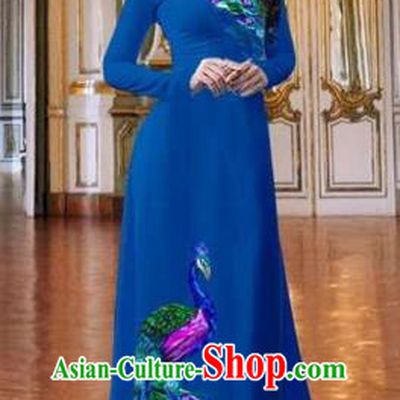 Traditional Top Grade Asian Vietnamese Costumes Classical Printing Peacock Blue Full Dress, Vietnam National Ao Dai Dress Catwalks Debutante Qipao for Women
