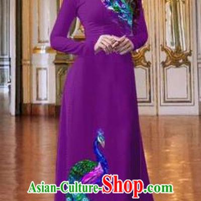 Traditional Top Grade Asian Vietnamese Costumes Classical Printing Peacock Purple Full Dress, Vietnam National Ao Dai Dress Catwalks Debutante Qipao for Women