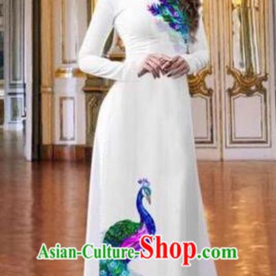 Traditional Top Grade Asian Vietnamese Costumes Classical Printing Peacock White Full Dress, Vietnam National Ao Dai Dress Catwalks Debutante Qipao for Women