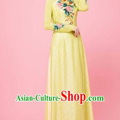 Traditional Top Grade Asian Vietnamese Costumes Classical Hand Embroidery Wedding Full Dress, Vietnam National Ao Dai Dress Bride Yellow Stand Collar Qipao for Women