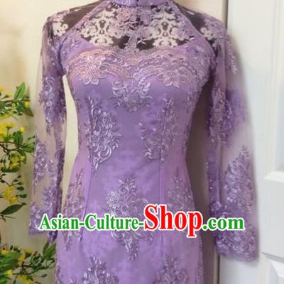 Traditional Top Grade Asian Vietnamese Costumes Classical Purple Lace Full Dress, Vietnam National Ao Dai Dress Catwalks Debutante Qipao for Women