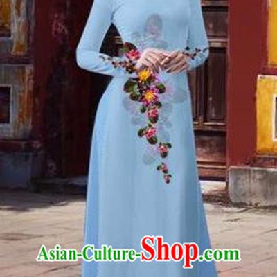 Traditional Top Grade Asian Vietnamese Costumes Classical 3D Printing Flowers Full Dress, Vietnam National Ao Dai Dress Catwalks Debutante Blue Qipao for Women