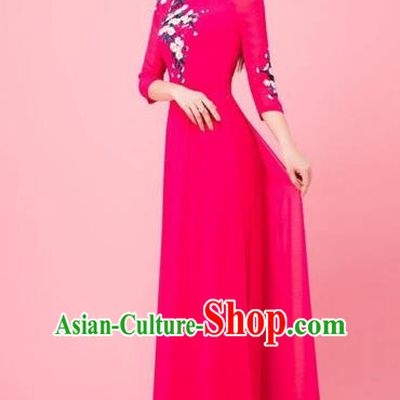 Traditional Top Grade Asian Vietnamese Costumes Classical Hand Embroidery Wedding Full Dress, Vietnam National Ao Dai Dress Bride Rosy Stand Collar Qipao for Women