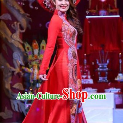 Traditional Top Grade Asian Vietnamese Costumes Classical Printing Wedding Full Dress, Vietnam National Ao Dai Dress Bride Red Stand Collar Qipao for Women