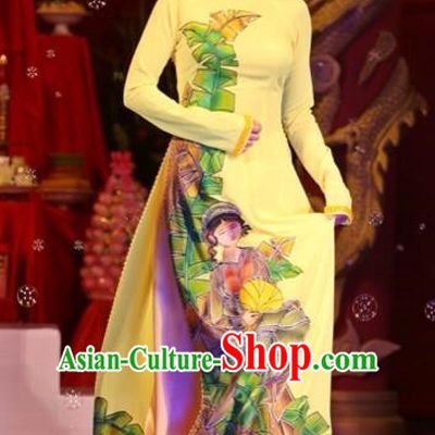 Traditional Top Grade Asian Vietnamese Costumes Classical Printing Wedding Full Dress, Vietnam National Ao Dai Dress Bride Yellow Stand Collar Qipao for Women