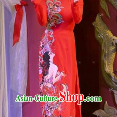 Traditional Top Grade Asian Vietnamese Costumes Classical Printing Wedding Full Dress, Vietnam National Ao Dai Dress Bride Red Qipao for Women
