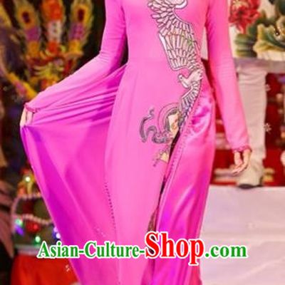Traditional Top Grade Asian Vietnamese Costumes Classical Printing Wedding Full Dress, Vietnam National Ao Dai Dress Bride Pink Qipao for Women