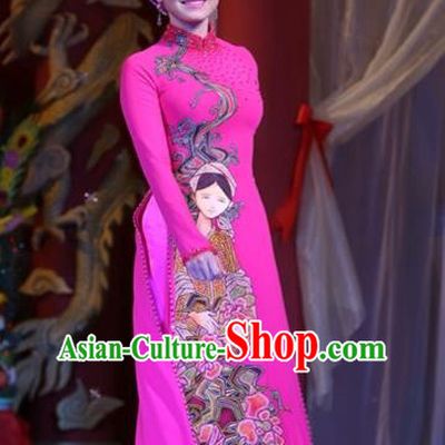 Traditional Top Grade Asian Vietnamese Costumes Classical Printing Wedding Full Dress, Vietnam National Ao Dai Dress Bride Rosy Stand Collar Qipao for Women