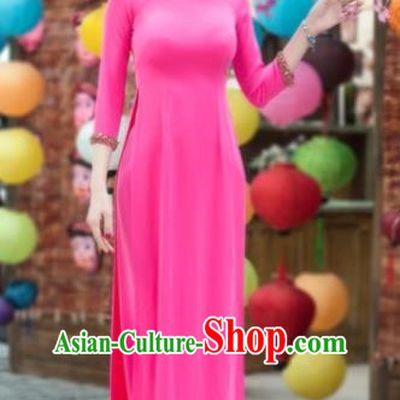 Traditional Top Grade Asian Vietnamese Costumes Classical Dowager Full Dress, Vietnam National Ao Dai Dress Bride Rosy Qipao for Women