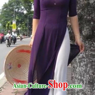 Traditional Top Grade Asian Vietnamese Costumes Classical Full Dress and Loose Pants, Vietnam National Ao Dai Dress Purple Qipao for Women