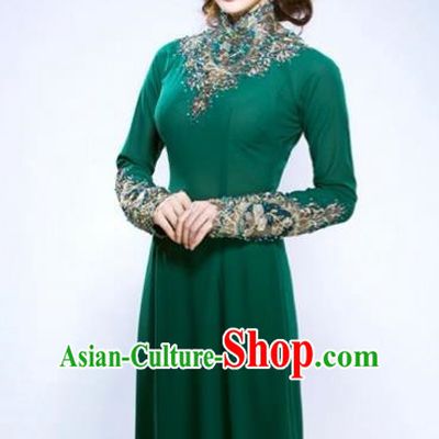 Traditional Top Grade Asian Vietnamese Costumes Classical Hand Embroidery Full Dress and Loose Pants, Vietnam National Ao Dai Dress Green Qipao for Women
